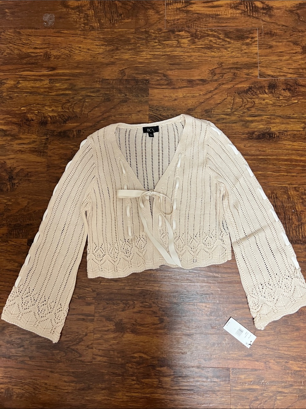BCX Cream Open Knit Tie-Front Cardigan NWT